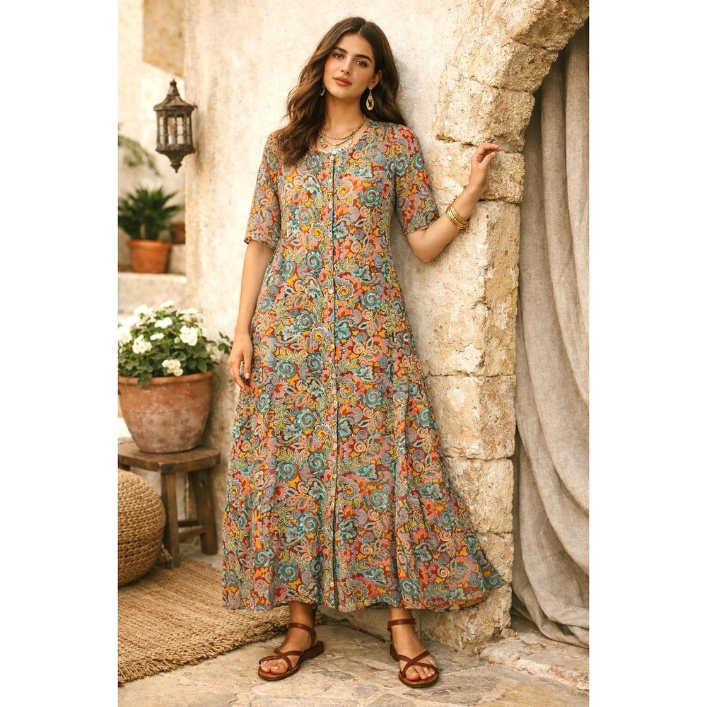 Roller Rabbit Midi Dress Sz S Gauze Cotton Duster Paisley Pockets‎ Boho Button